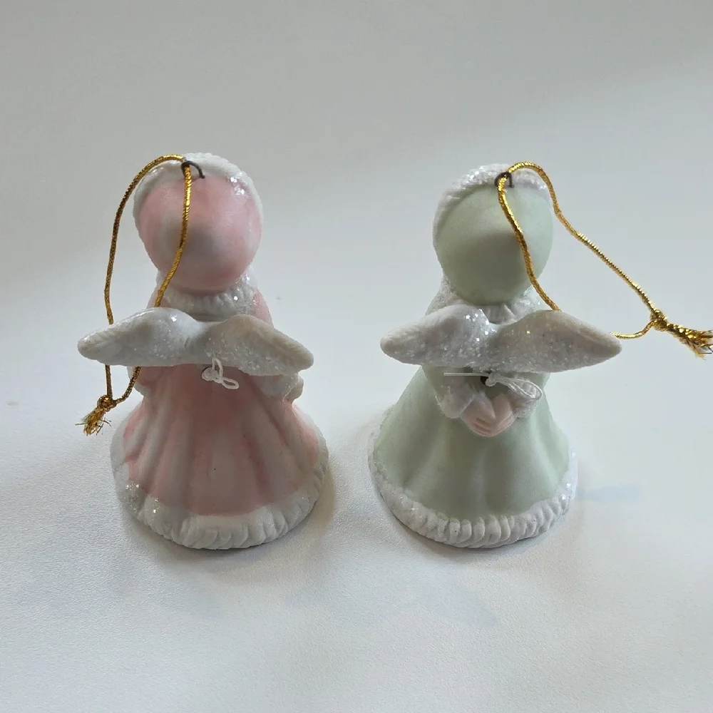 Angel Bell Ornaments - Kissing Angel Bell Ornament Figure Set With Glitter Trim
